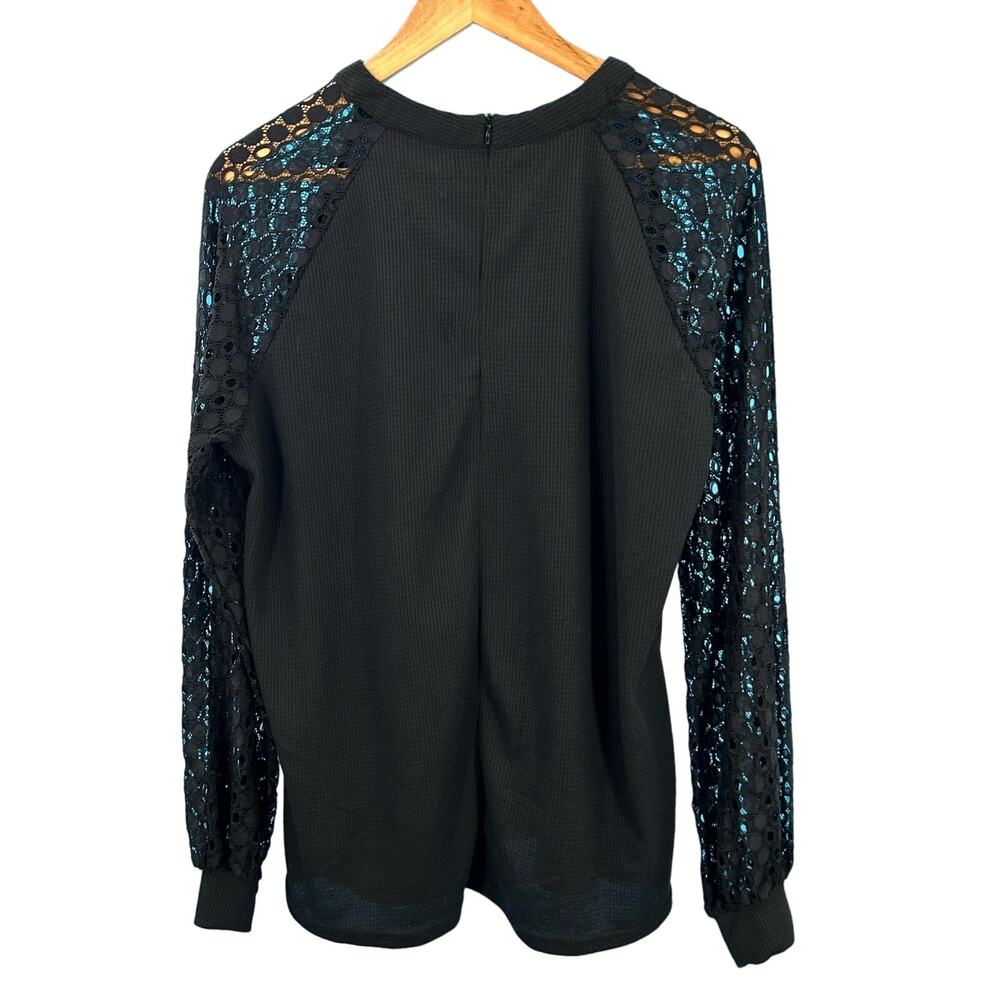 MIHOLL‎ Women's Black Ribbed Knit Top Long Lace Sleeve Back Zip Size XLarge